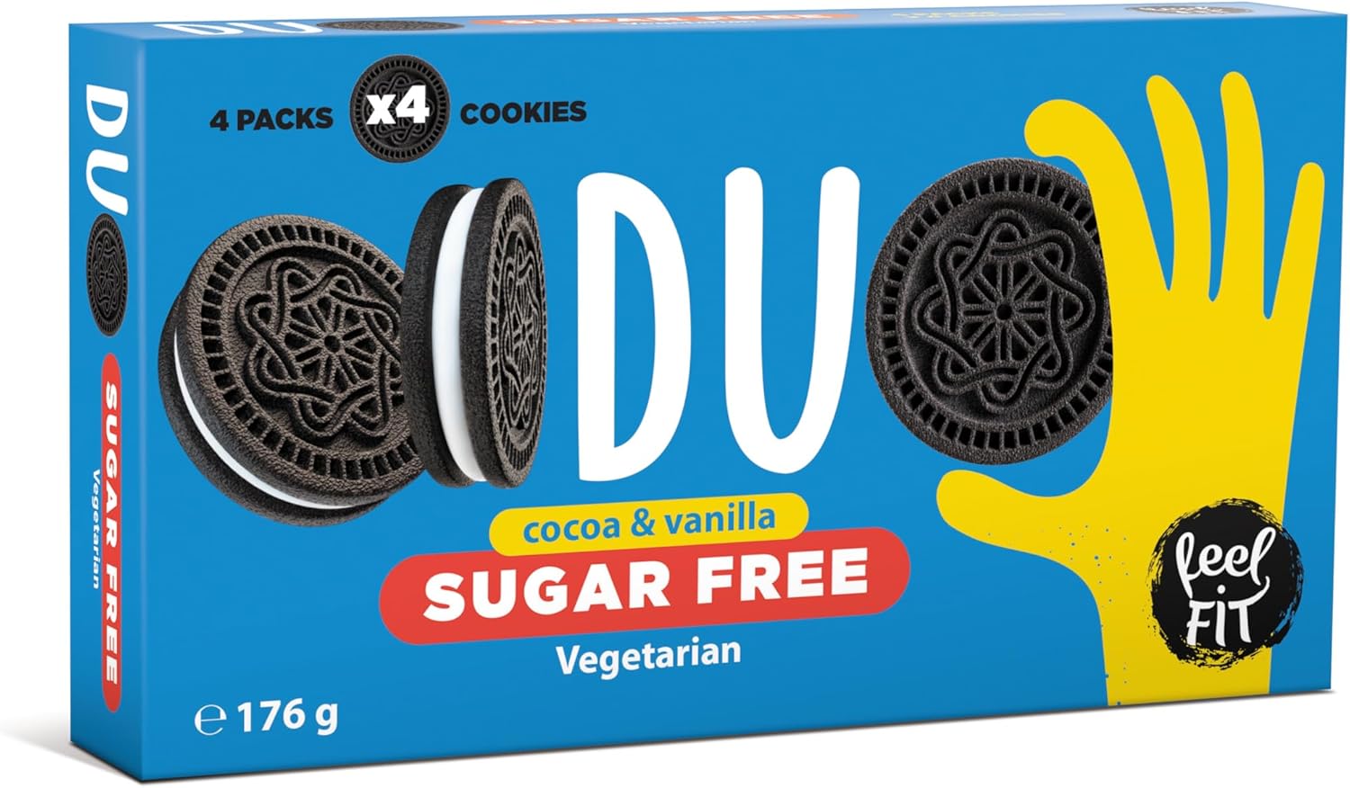 Duo Sugar Free Biscuits au cacao avec crème à la vanille sans sucre, 4 sachets de 4 biscuits dans une boîte, 176 g duo 176g