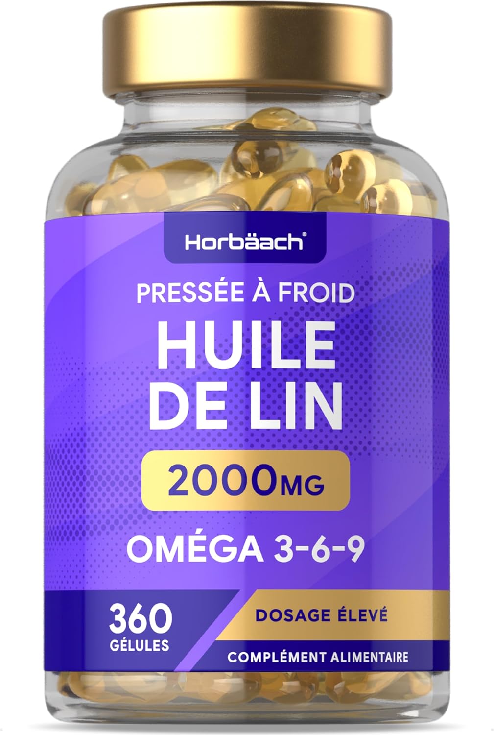 Huile de Lin Alimentaire 2000 mg - Linseed Oil - 360 gélules - Oméga 3 6 9 avec acide alpha-linolénique (ALA) à haute résistance - Supplément pressé à froid - by Horbaach