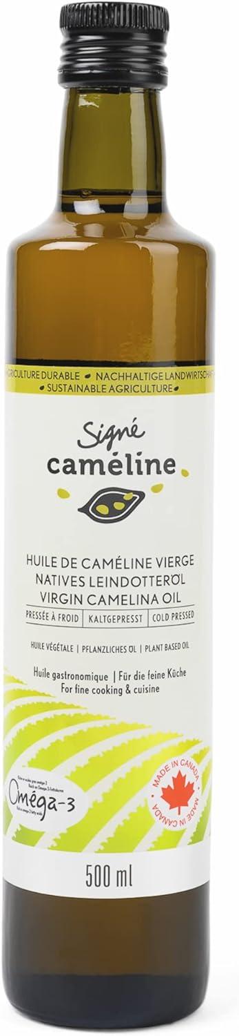 Huile de caméline vierge - 500ml - Pressée à froid - Huile de finition et de cuisson - Élevée en Omega-3 - Point de fumée 246°C/475°C - Substitut à l'huile d'olive - Produit au Canada - 500 ml (Lot de 1)