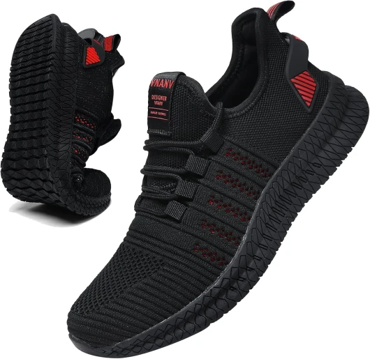 VNANV Chaussures de Course pour Homme en Caoutchouc Noir - Chaussures de Marche Tendance pour la Gym, Le Tennis, Le Travail, Le Jogging 39 EU Noir Rouge