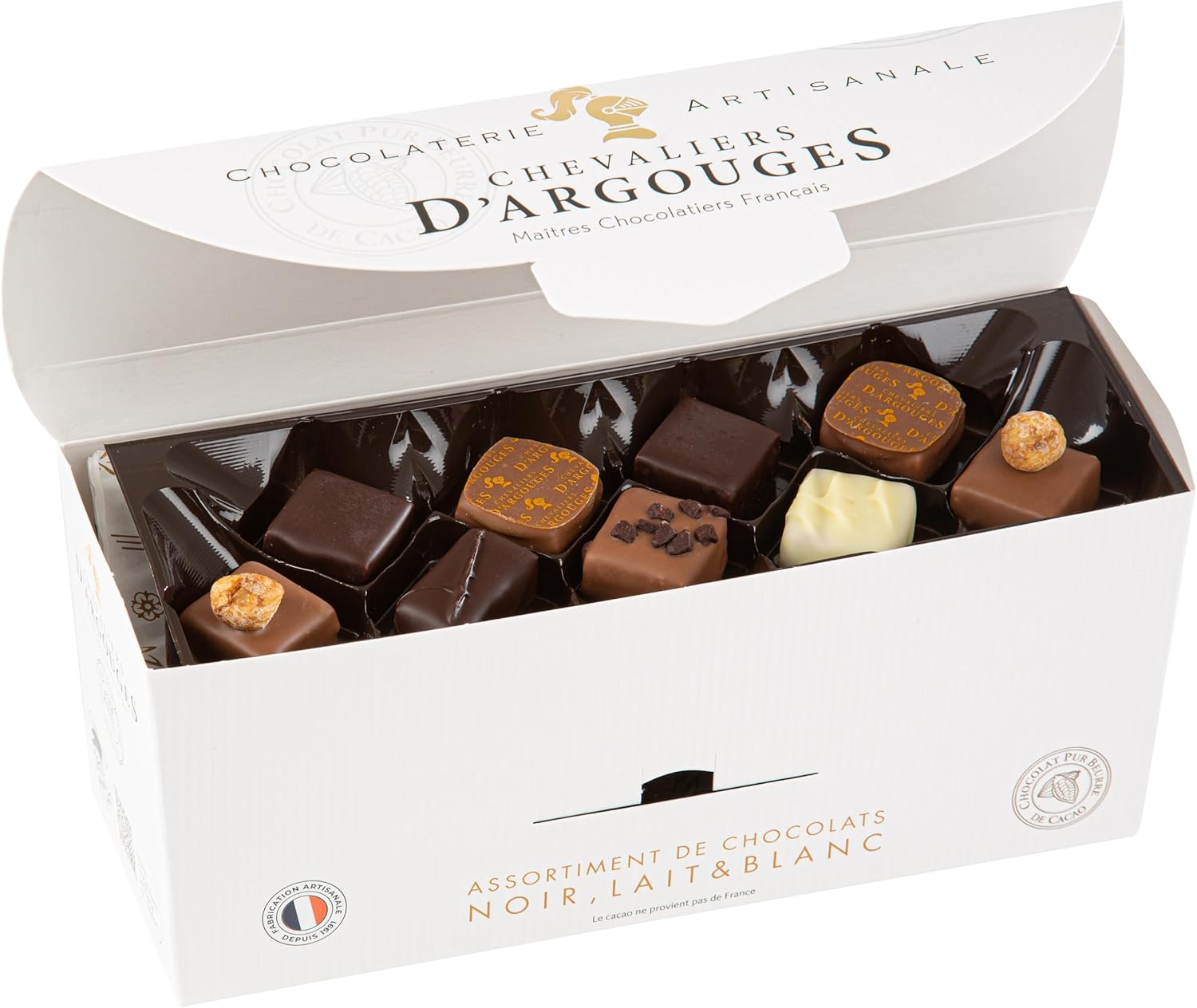 CHEVALIERS D'ARGOUGES Maîtres Chocolatiers Français - Assortiment de chocolats noir 70%, lait 33% et blanc - Ballotin dégustation 355g
