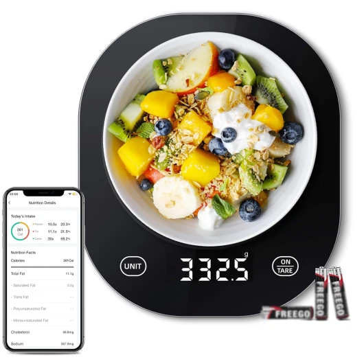 Balance de cuisine numérique, noire, 10 kg/0,5 g, avec application, Bluetooth, avec analyse nutritionnelle et fonction tare en verre trempé de 3 mm, affichage LED Avec piles incluses Noir - 10 kg
