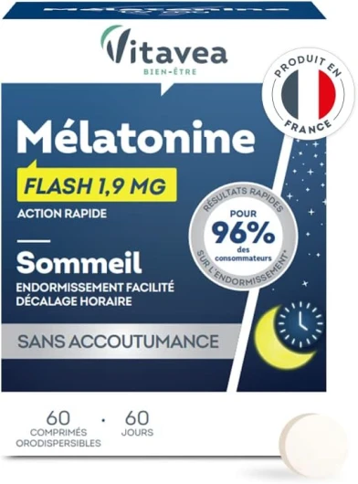 Vitavea - Mélatonine 1,9 mg - Hautement Dosée - Complément Alimentaire Sommeil Adulte - Endormissement, Pour Dormir - Décalage Horaire, Jet Lag - 60 comprimés - Cure 2 mois - Fabriqué en France