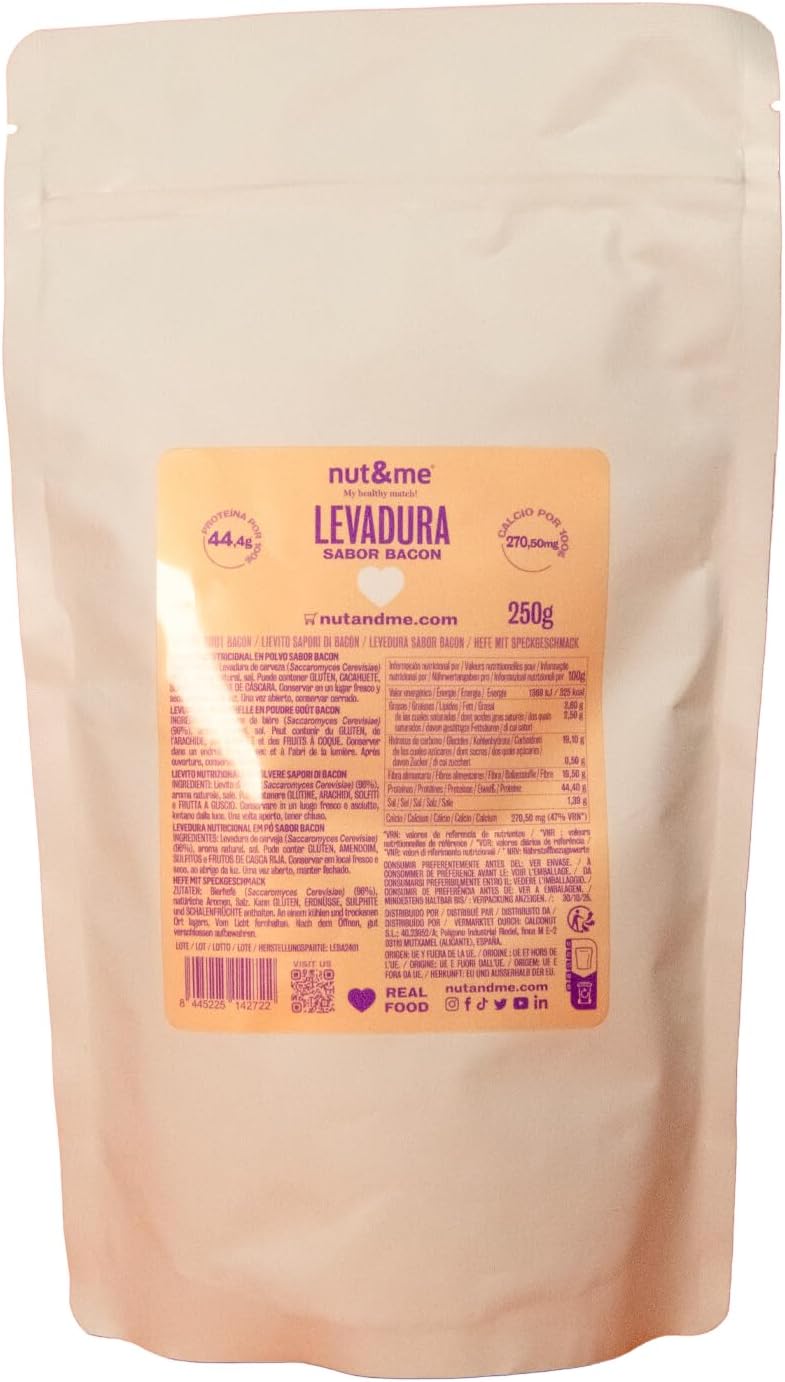 Levure nutritionnelle saveur bacon 1kg nut&me - Levure en poudre- Saveur bacon - Haute teneur en protéine - Source de calcium - Végétalien - Faible teneur en glucides et calcium - Pack 4 x 250gr