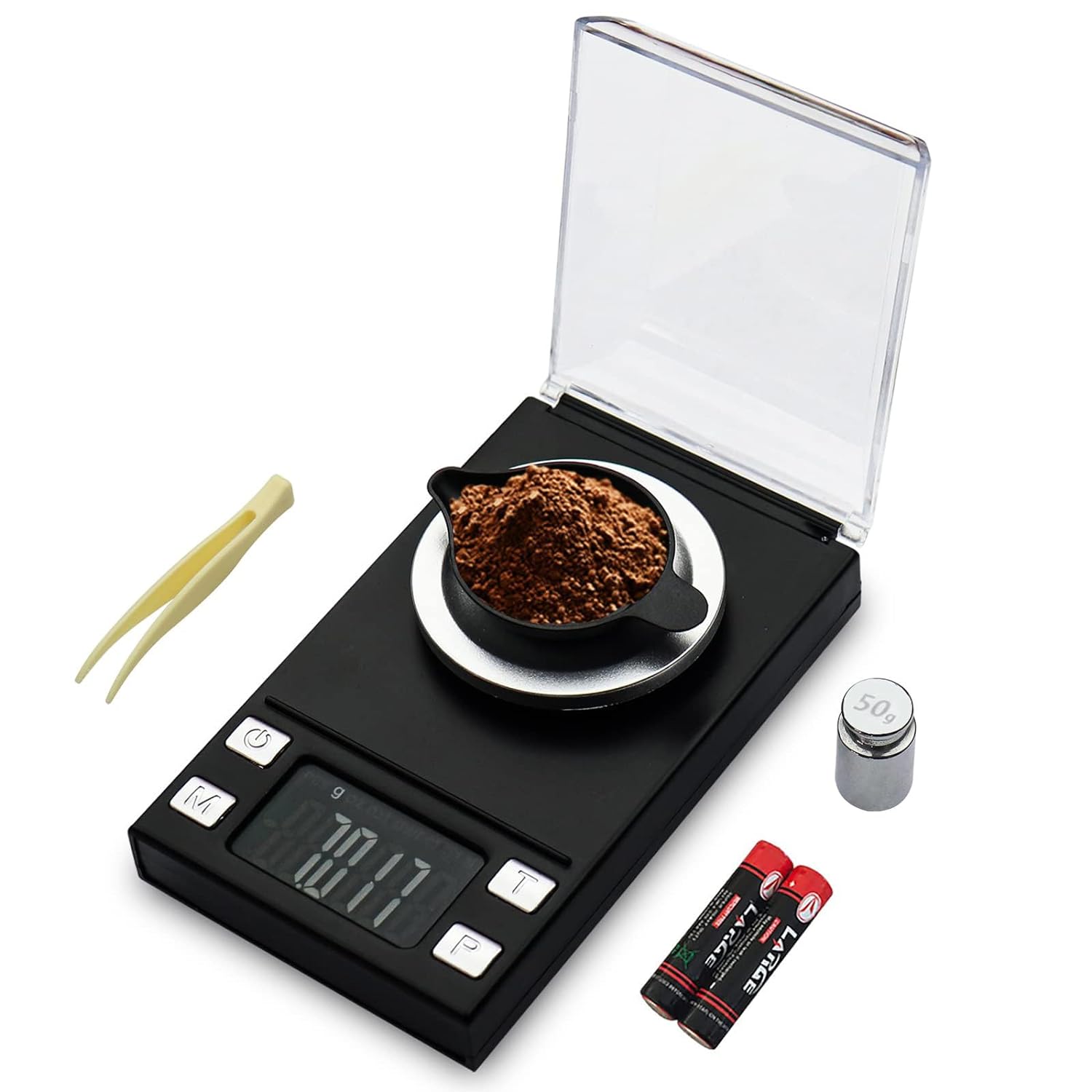 UNIWEIGH Balance à Milligramme 50g/0.001g,Balance de précision Mini Carat Gram pour poudre Médecine,Bijoux,Gemmes,Rechargement,Lab,Balance de poche avec Cal Weight，Tare,LCD,Pince à poudre noir