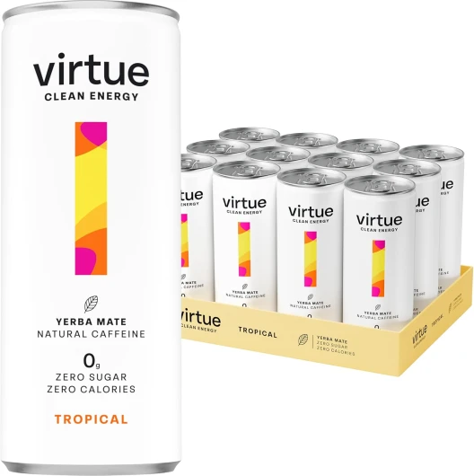 Clean Energy – Yerba Mate – Boisson Énergisante Naturelle – Sans Sucre, Sans Calories, Végétalien, Sans gluten, Cétogène, Vitamine B - Lot de 12x250ml (Fruits Tropicaux)