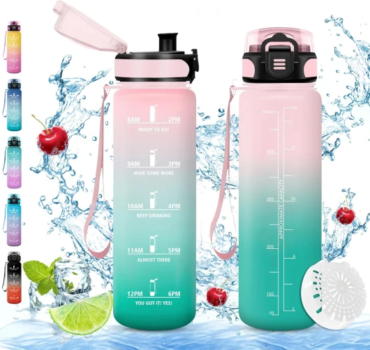 Vikaster Bouteille d'eau, Gourde 500ml/1L/1.5L, Sans BPA, Étanche & Réutilisable, Bouteille d'eau avec Marqueur de Temps et Filtre, Convient Pour la Sport, Yoga, Gym, Camping