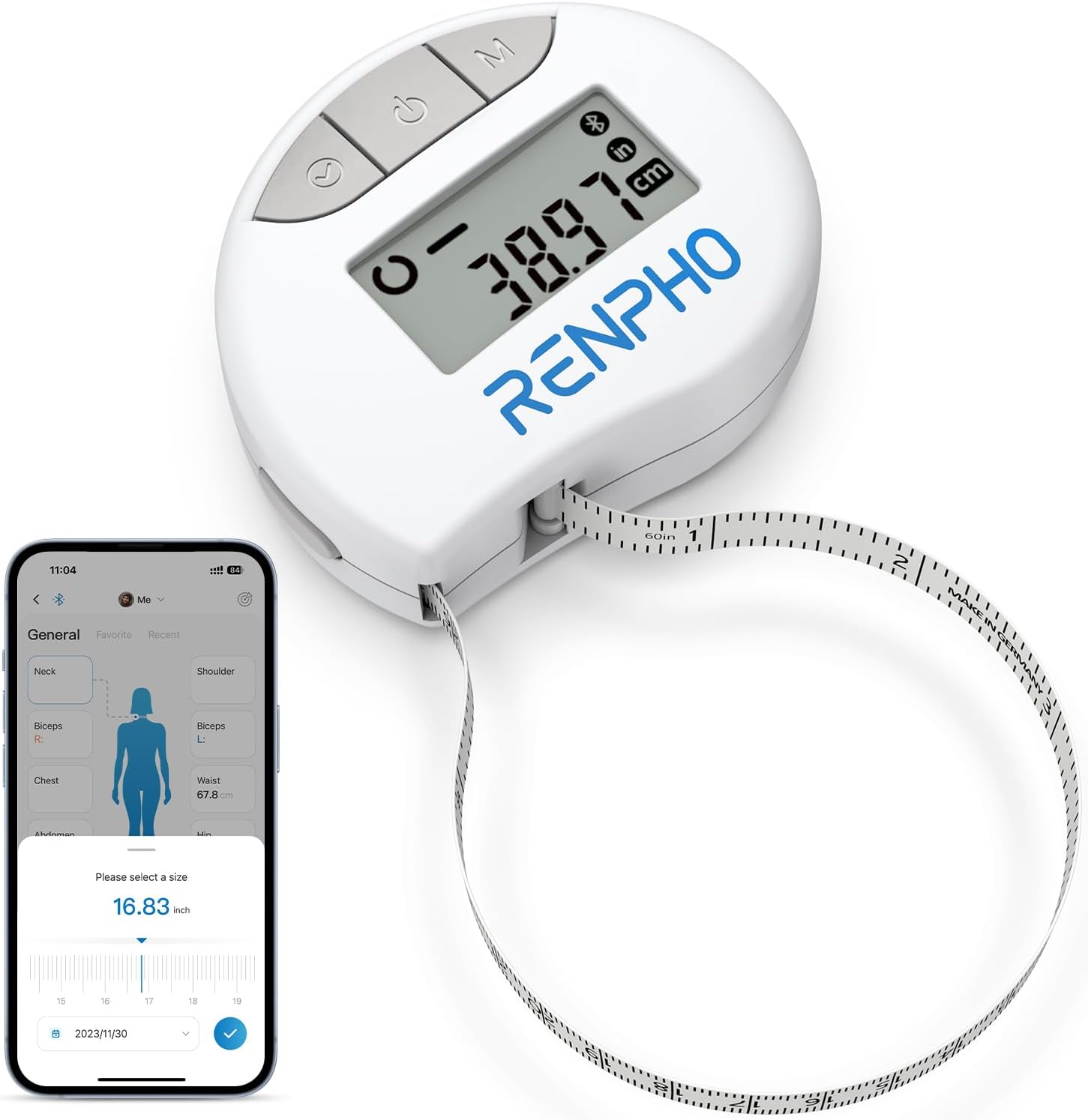 Mètre Ruban Rétractable et Connecté avec Application Bluetooth pour Mesure du Corps, Perte de Poids, Gain de Muscle, Remise en Forme et Musculation Pouces et Centimètres, Blanc Caractères normaux