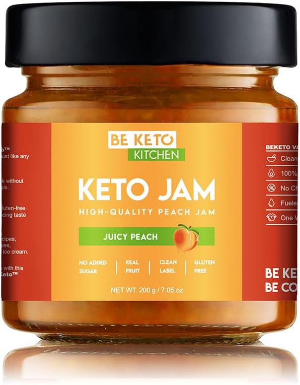 Be Keto BeKeto Jam – Pêche juteuse 200 g confiture cétogène à faible teneur en glucides, végétalienne, sans gluten, naturelle et complètement sucre.