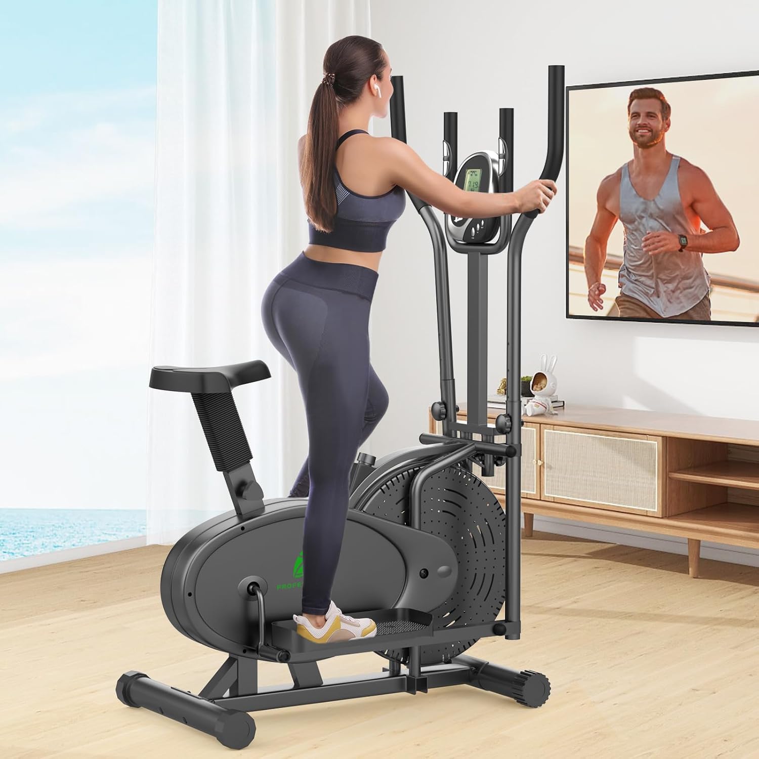Vélo elliptique, 2 en 1 Crosstrainer & Vélo d'exercice avec Siège, Moniteur LCD, Résistance Réglable, Pédale Antidérapante, Stepper d'exercice Elliptique Machine D'entraînement de Fitness à Domicile Noir