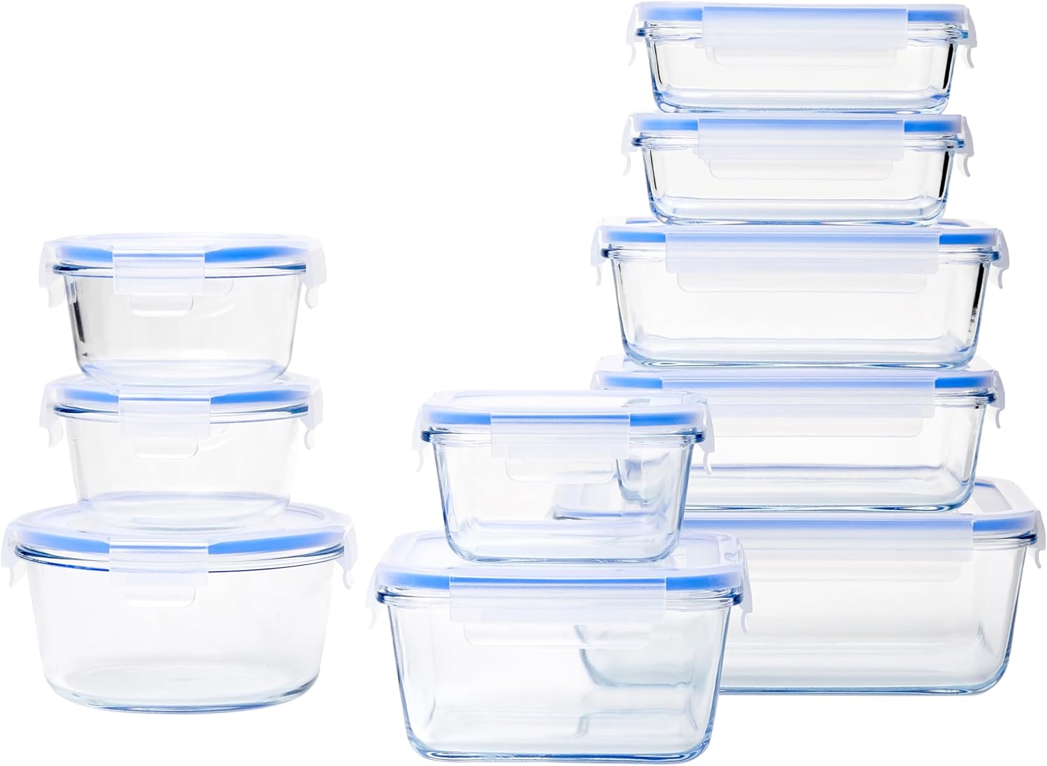 Récipient en Verre avec clips de Fermeture pour Conservation Alimentaire, 20 pièces (10 récipients + 10 couvercles), sans BPA, Transparent,bleu
