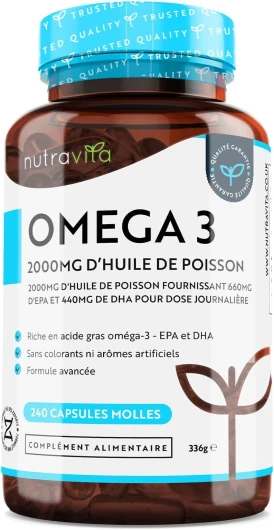 Omega 3 Huile de Poissons Sauvages 2000mg - 240 Gélules (120 Jours) - Haute Concentration en EPA (660mg) & DHA (440mg) Soutien Fonction Cardiaque et une Vision Normale - Fabriqué par Nutravita