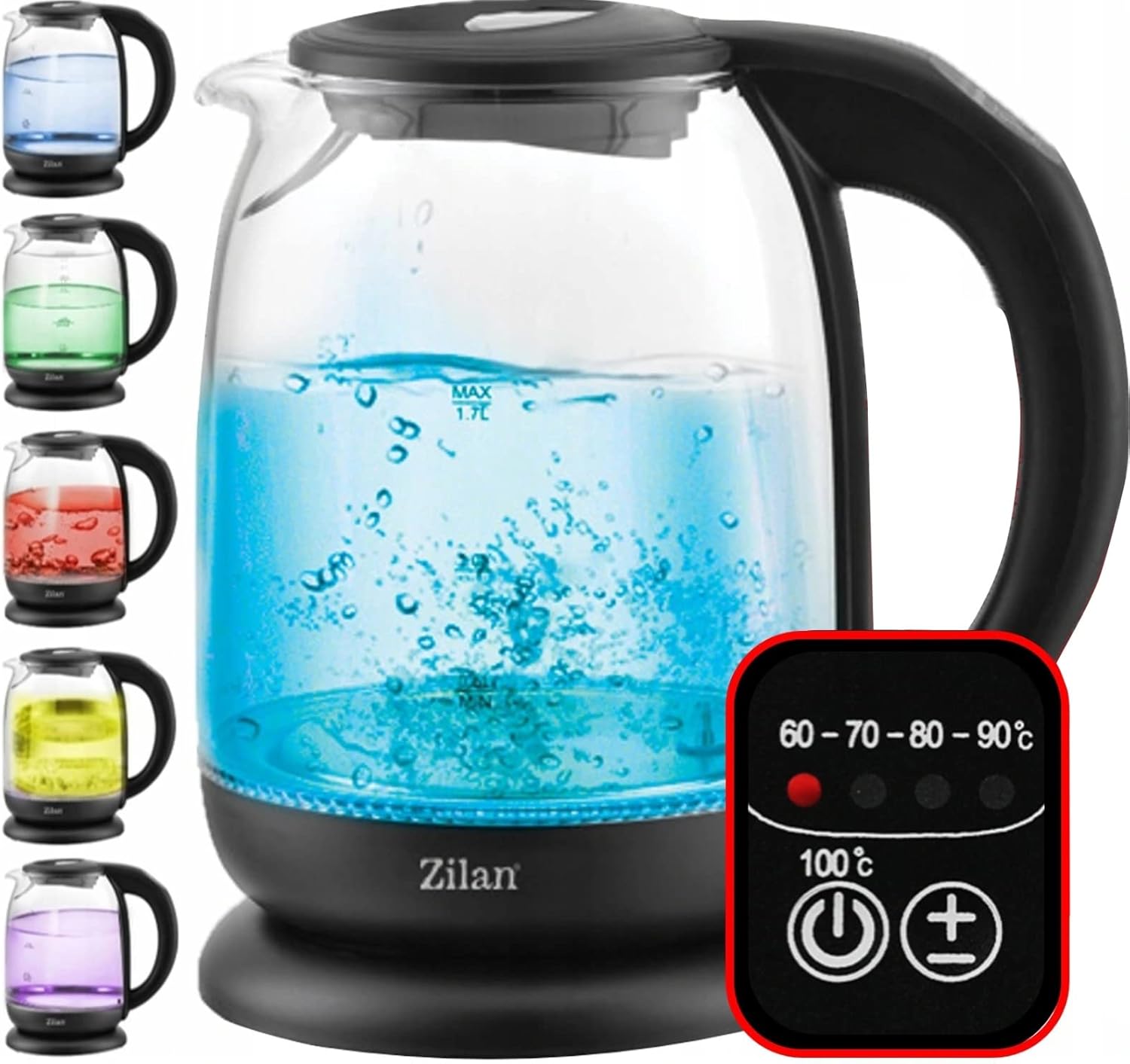 Zilan, Bouilloire en verre à écran numérique et LED, différentes couleurs,1.7lt, 5 réglages différents de la température, Bouilloire sans fil avec corps en verre à haut borosilicate à 360°, 2200W