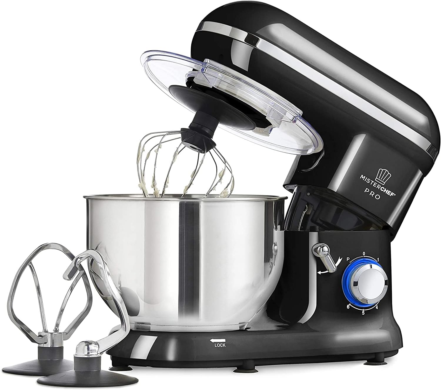 MisterChef Robot Pâtissier, app électr PRO 1600W NOIR - GRD BOL - 3 accessoires : Batteur à œufs, crochet pétrisseur, fouet Inox - Bol Inox 5,5L