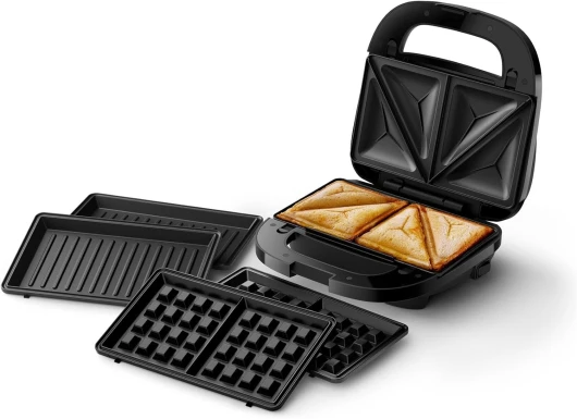 Philips Appareil à sandwichs Series 5000-3 jeux de plaques pour paninis, les sandwichs et les gaufres, Plaques de gril antiadhésive, Coupez et scellez, Puissance de 750W, Noir (HD2350/80)