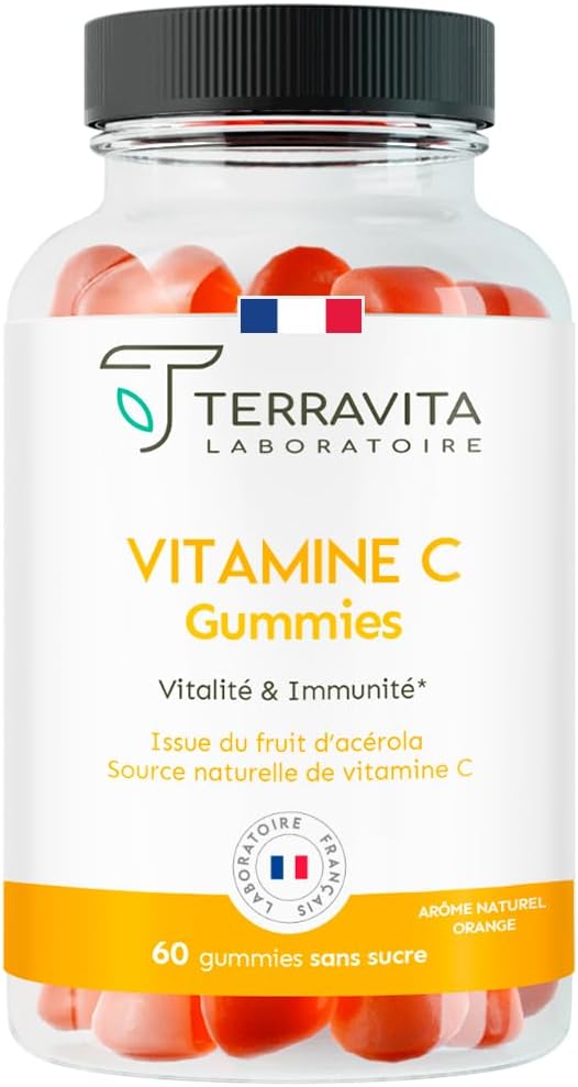 Gummies VITAMINE C Acérola - Enfants & Adultes - 1 Gummy = 100% des AR - Energie - Tonus - Immunité - 60 Gummies sans Sucre - Arôme Naturel Orange - Vegan et sans Gélatine - Made in France - Terravita