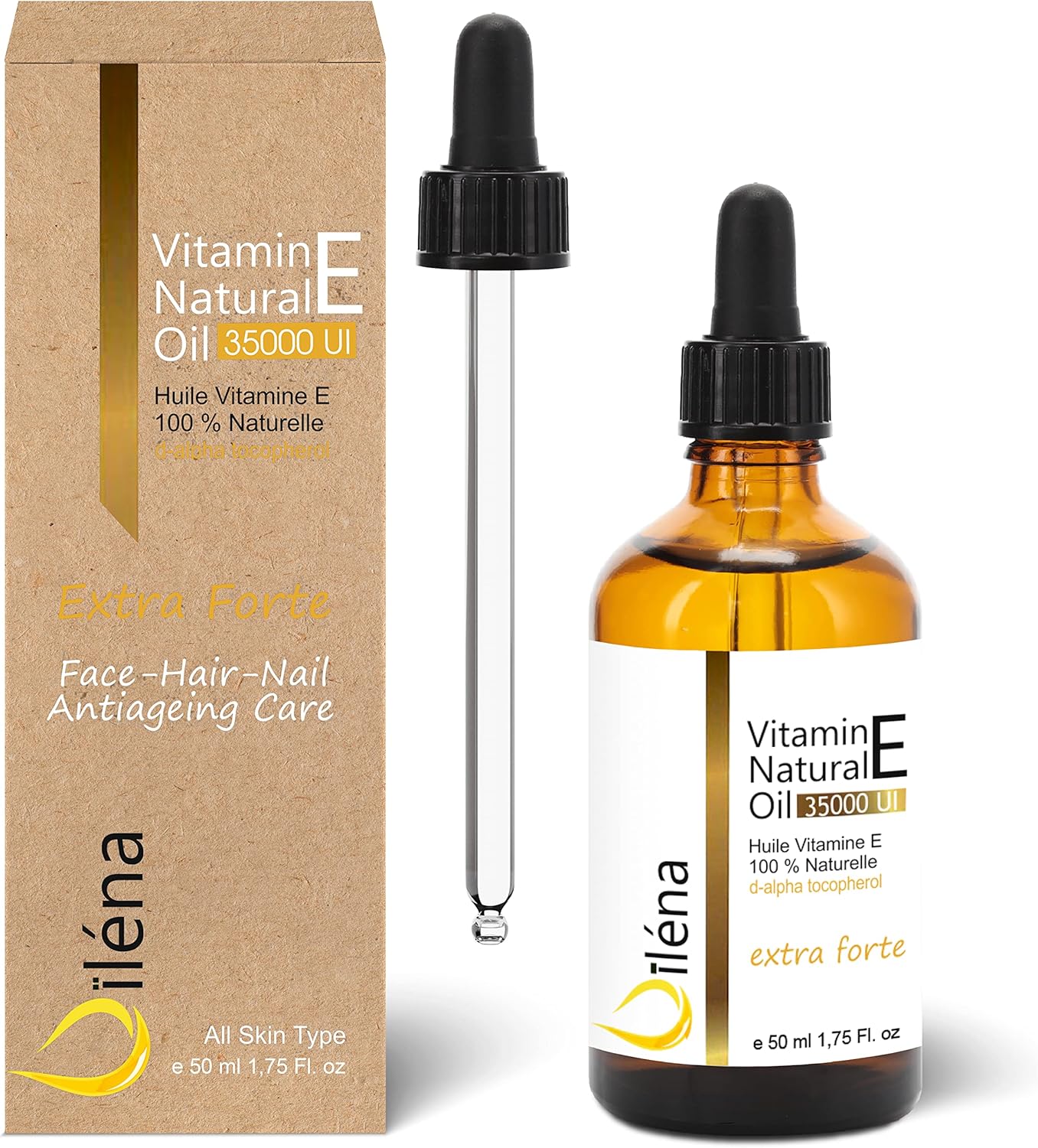 Huile de Vitamine E (tocophérol) Végan 100% naturelle, Soin Anti Age Visage, Démaquillant waterproof, Corps et Cheveux, Ongles et Cuticules, Hydratante Réparatrice Mains 50 ml