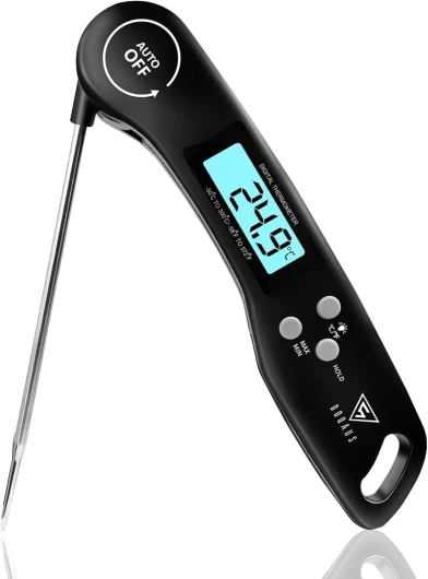 Thermometre Cuisine, 3s Lecture instantané Thermometre Cuisson, Thermomètre viande, avec Écran LCD et Auto On/Off, Sonde Pliable pour Cuisson, Viande, BBQ, Patisserie, Lait, Vin (Noir)