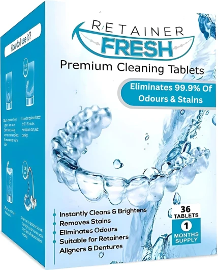 Tablettes de nettoyage Retainer – 36 comprimés 1 mois Retainer Fresh, Brite et Stain Free Tablets – Tablette de nettoyage pour appareils orthodontiques et gouttières, prothèses dentaires, aligneurs