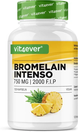 Bromélaïne Intenso - 750 mg (2000 F.I.P) - 120 gélules gastro-résistantes - Extrait naturel d'ananas - Testé en laboratoire - Vegan - Hautement dosé