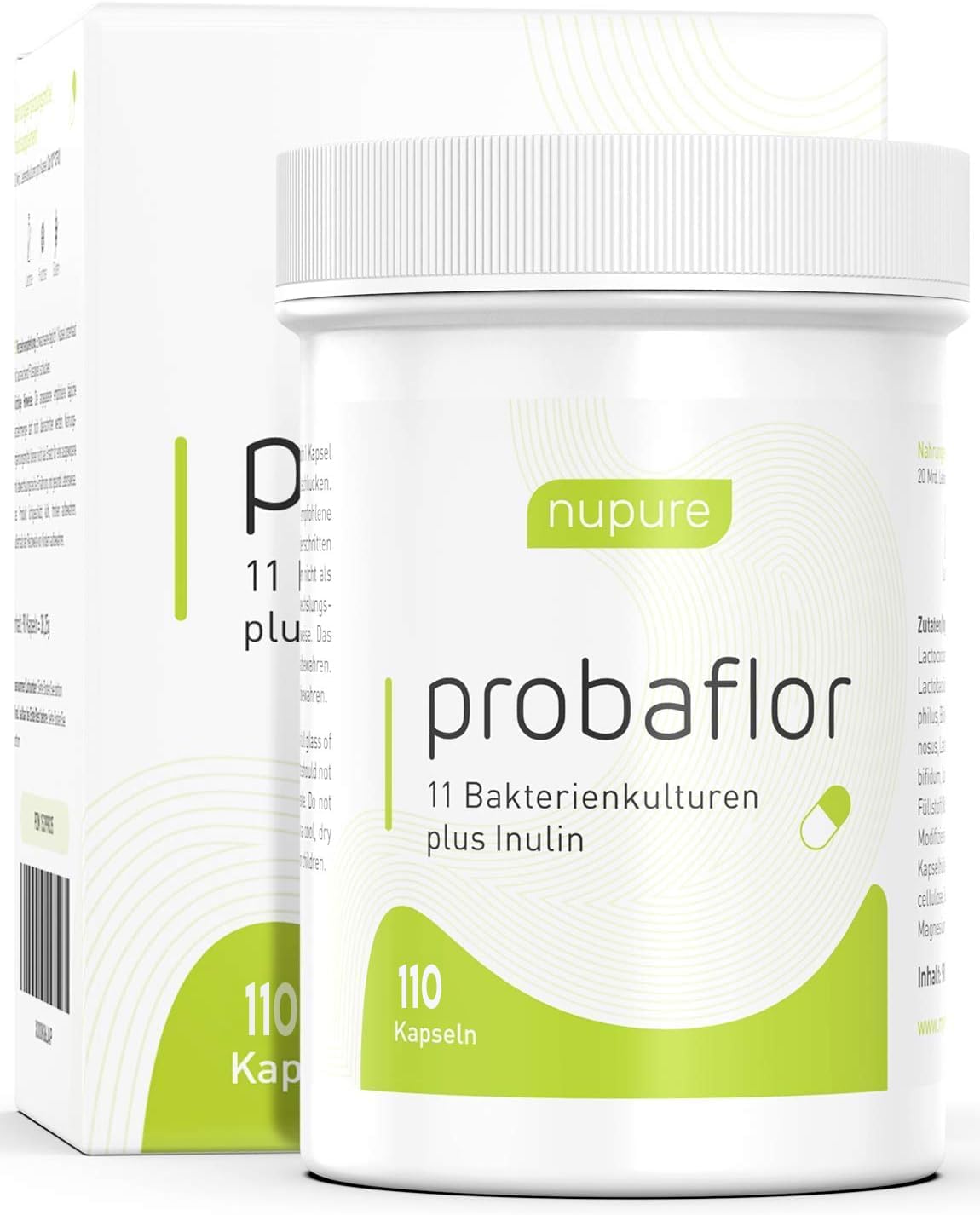 Nupure® Probaflor 110 gélules, contenant 20 milliards d'UFC, 11 souches bactériennes spéciales, avec inuline et Lactobacillus salivarius SP2, mieux protégé grâce à une boîte spéciale, végétalien