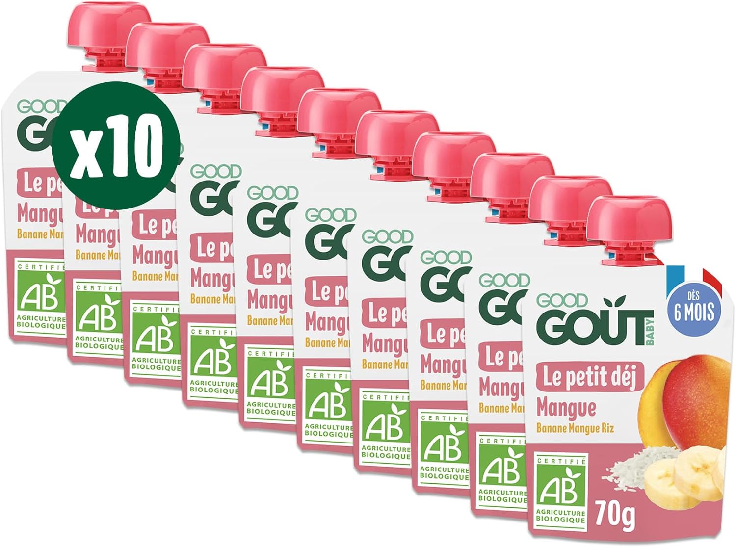 GOOD GOÛT - Petit Déj Mangue - Gourde Pour Bébé - Dès 6 Mois - Format Nomade - Sans Sucres Ajoutés* - 10x70g
