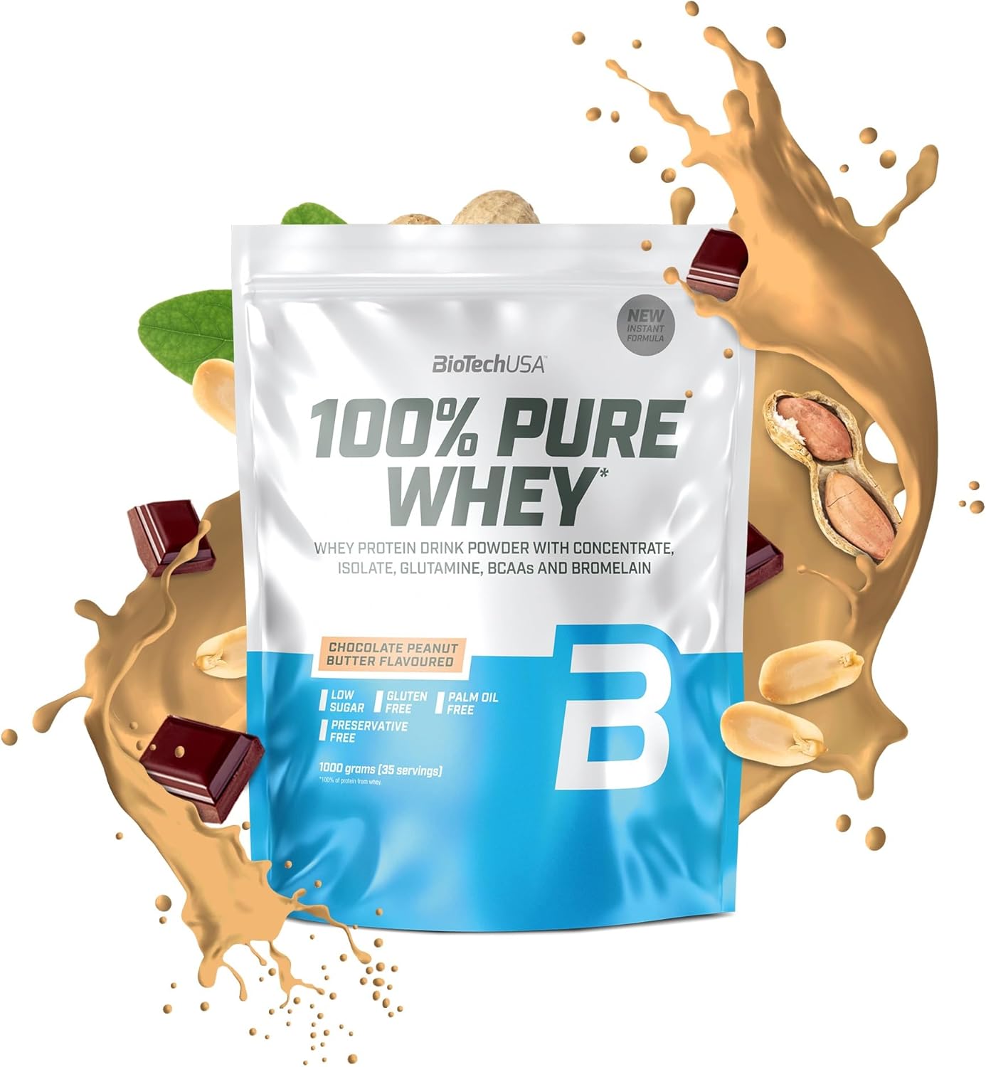 100% Pure Whey - Poudre de protéines avec BCAA et Glutamine - Sans gluten, sans huile de palme - 21g de protéines par portion, 1 kg, Chocolat-Beurre d'arachide
