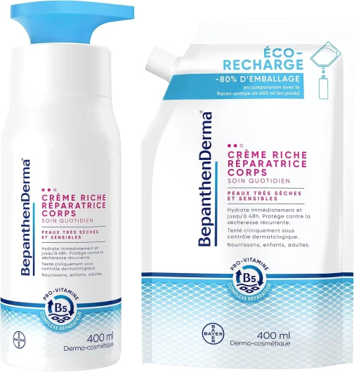 Derma® Crème riche réparatrice corps - Soin quotidien peaux très sèches et sensibles - Hydrate immédiatement jusqu'à 48H(1) - Beurre de karité, Huile d'argan- Eco recharge*+Flacon pompe 400ml