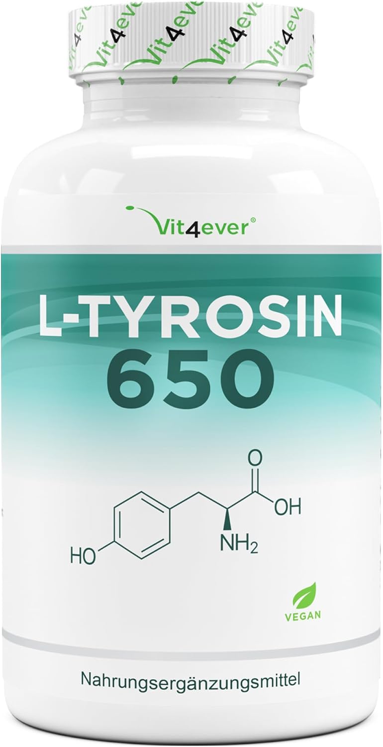 L-Tyrosine - 240 capsules - 1300 mg par portion journalière - 4 mois d'approvisionnement - Végétalien - Dosage élevé - Acide aminé