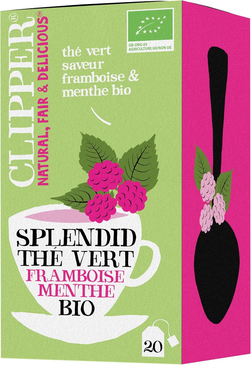 CLIPPER - Thé Vert Bio - Splendid - Framboise et Menthe - 20 sachets de Thé Bio - 1 paquet - 35g