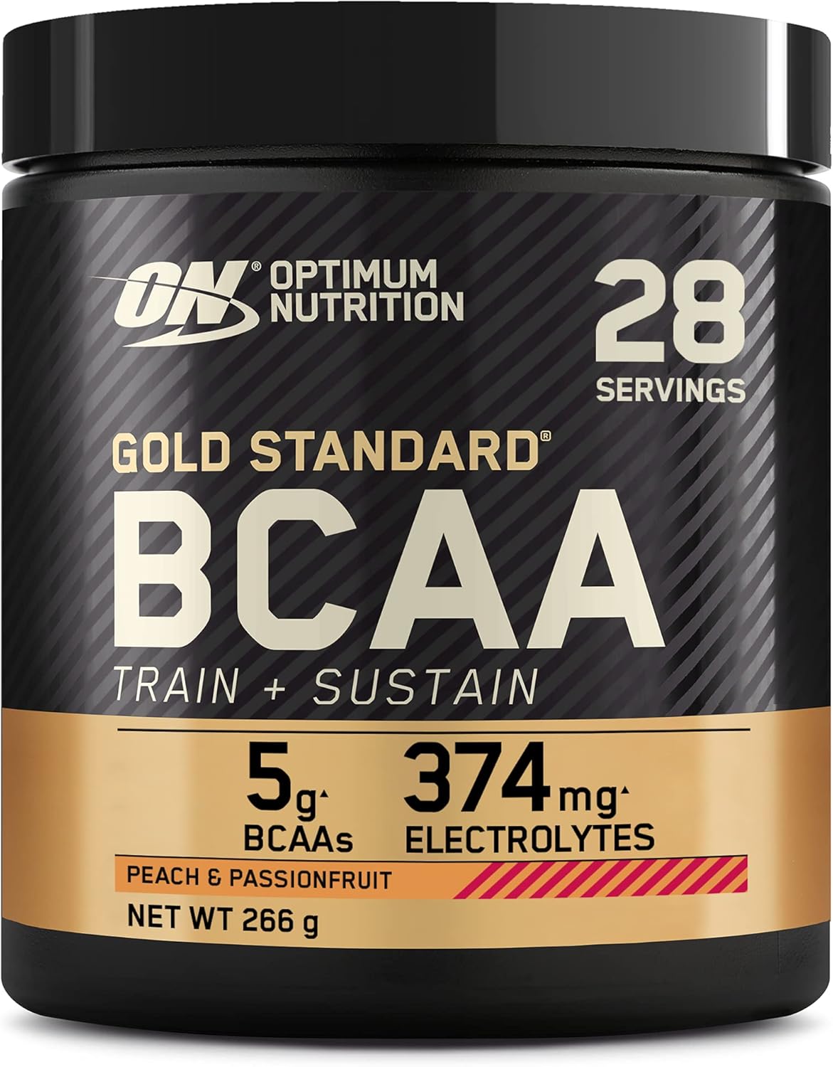 Optimum Nutrition Gold Standard BCAA Train + Sustain, poudre d'acides aminés pré-entraînement, boisson sportive, vitamine C, zinc, magnésium et électrolytes, saveur pêche & passion, 28 doses, 266 g