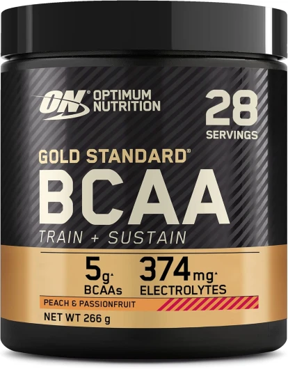 Optimum Nutrition Gold Standard BCAA Train + Sustain, poudre d'acides aminés pré-entraînement, boisson sportive, vitamine C, zinc, magnésium et électrolytes, saveur pêche & passion, 28 doses, 266 g
