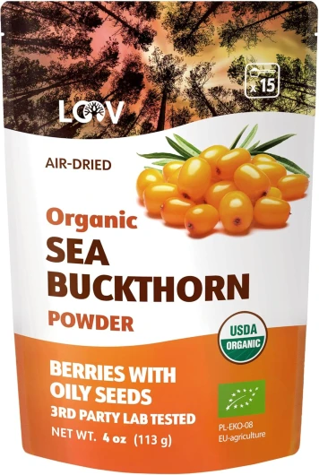 Poudre d’argousier bio LOOV, riche en fibre, faite à 100% de baies entières, 110 g, cultivés dans les régions nordiques, riche en oméga, vitamines C et E, Portions de 23 jours, ni sucre ajouté ni OGM