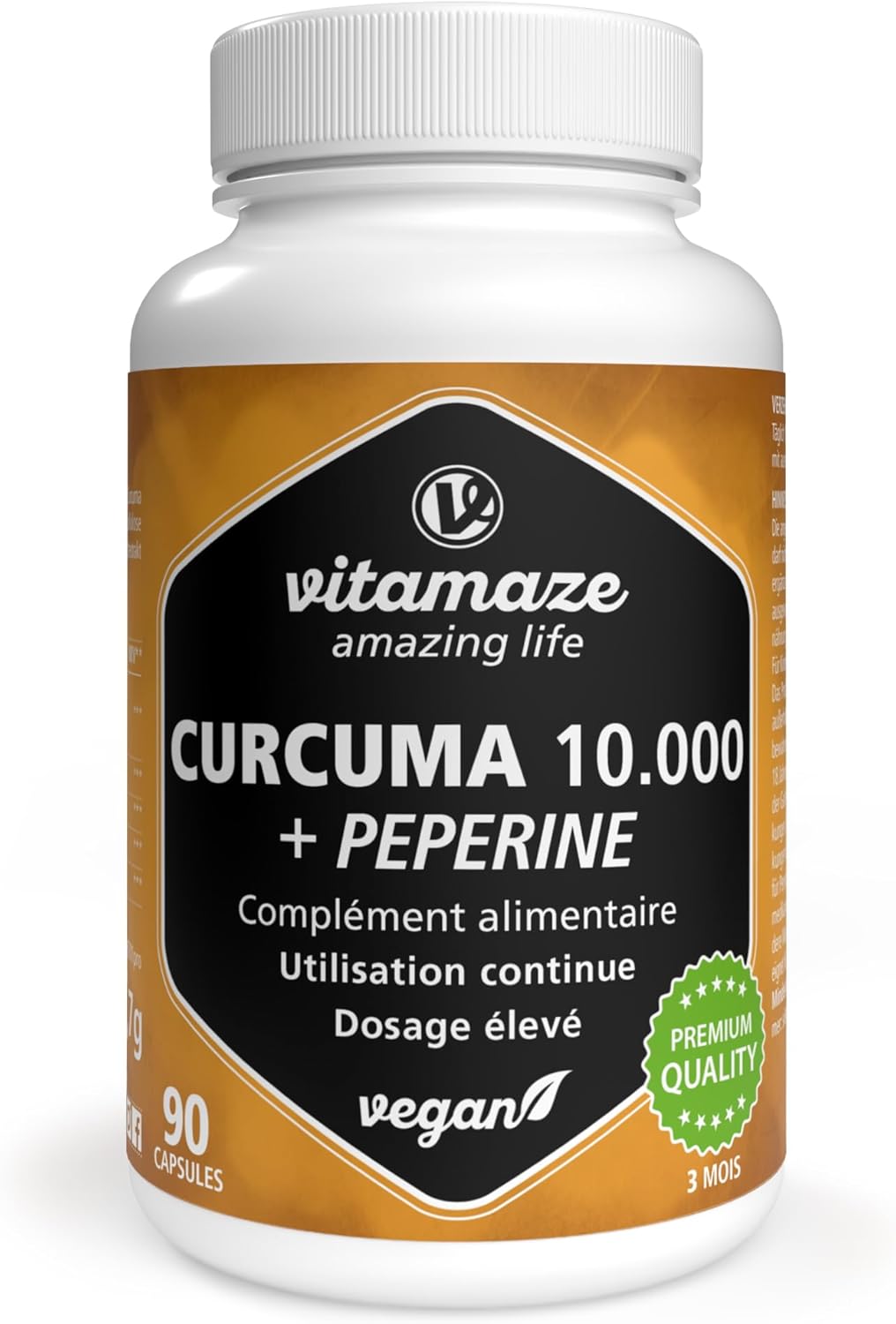 Curcuma 10.000 mg hautement dosé en 1 gélule avec Pipérine + Curcumine, 90 gélules d'extrait de Curcuma bioactif pour 3 mois, Complément alimentaire sans additif, Fabriqué en Allemagne