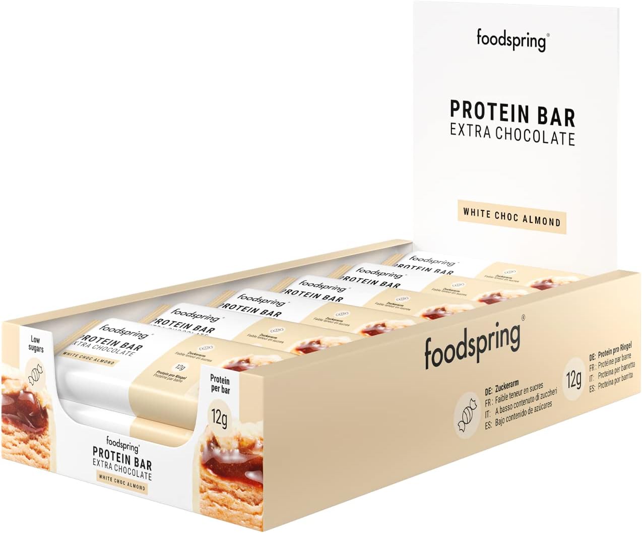 Protein Bar Extra Chocolate - 13 g de protéine par barre, sans sucre ajouté, en-cas à prendre après le sport ou en déplacement - Chocolat blanc Amande - 12 x 45 g