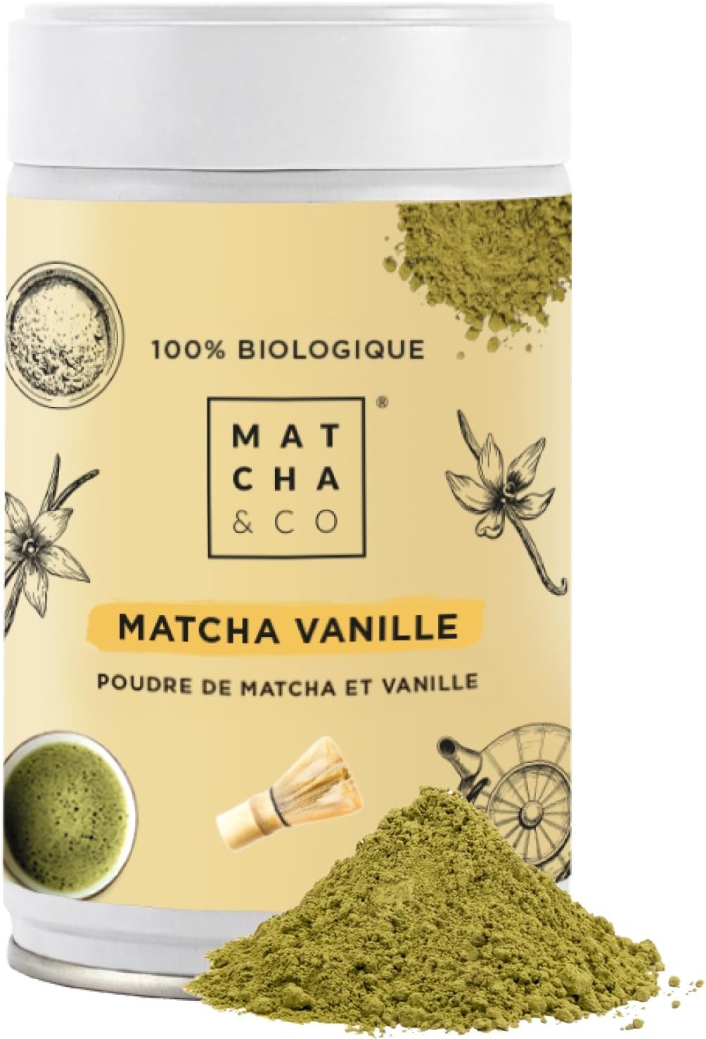 Matcha & CO - Thé Matcha Original à la Vanille (80 g) - Thé Vert en Poudre Japonais Saveur Vanille - Thé Vert en Poudre - Sans Édulcorants, Sucres ni OGM