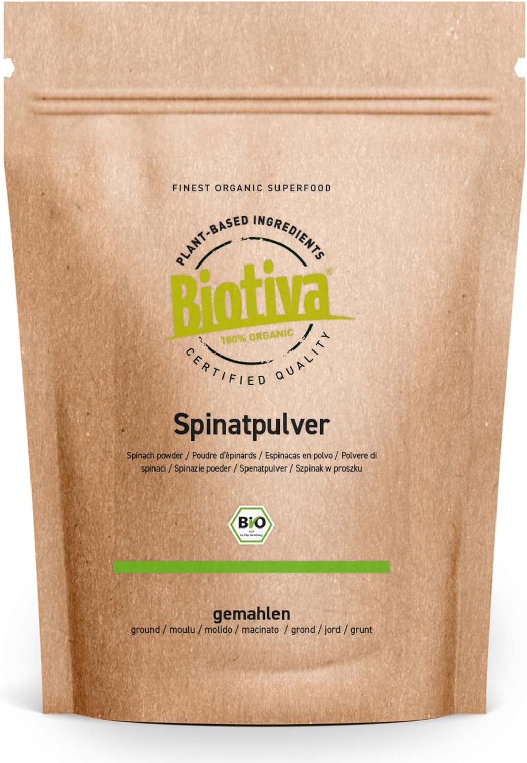 Poudre d'épinards bio moulue 250 - épinards bio purs - pour colorer les pâtes - inn smoothies - sans additifs - végétalien - qualité 100% bio - mis en bouteille et contrôlé en Allemagne- Biotiva