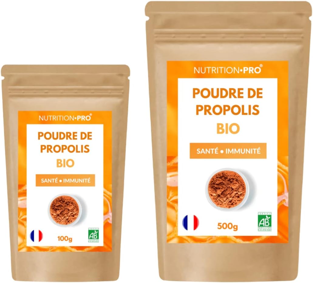 Propolis bio en poudre - Certifiée pure et naturelle - Santé/immunité - Bio/Ecocert - Fabriquée en France - Nutrition pro (500G)