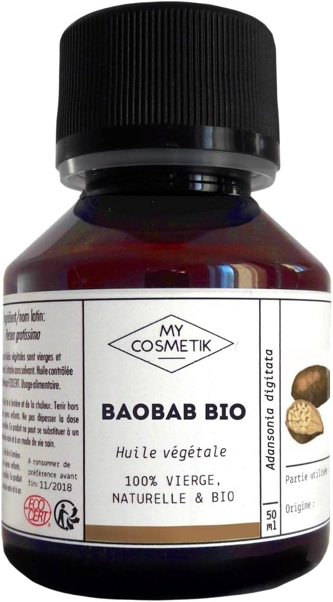 Huile végétale de Baobab - Cosmétique Biologique - 100% pure et naturelle - Fabriqué en France - Soins anti-âge - 50 ml Baobab 50 ml (Lot de 1)
