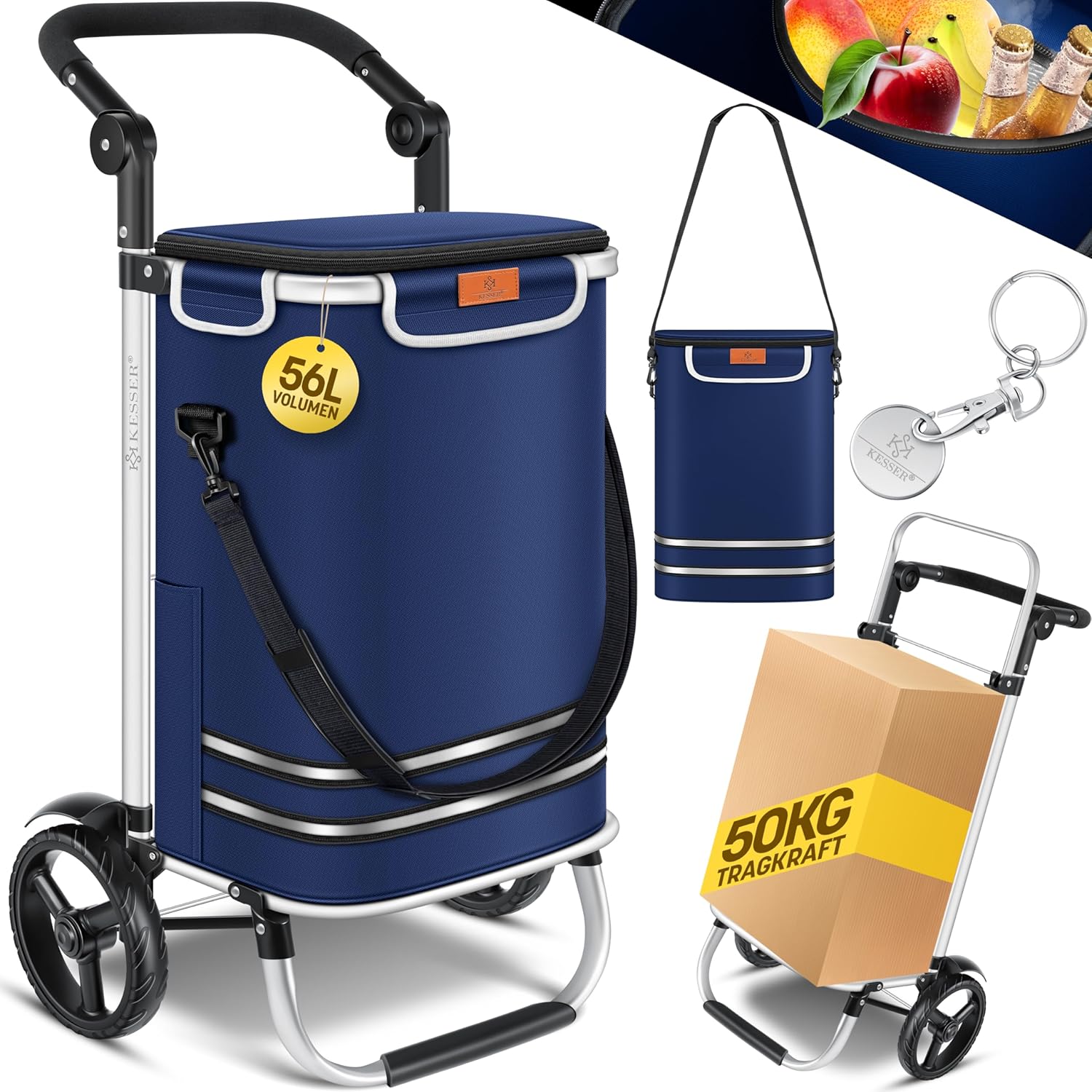 KESSER® Chariot de Courses Pliable avec Une capacité de 56 litres et Une Charge maximale de 50 kg - Chariot 3-en-1, Diable et Sac à bandoulière - Chariot de Courses Pliable avec Compartiment