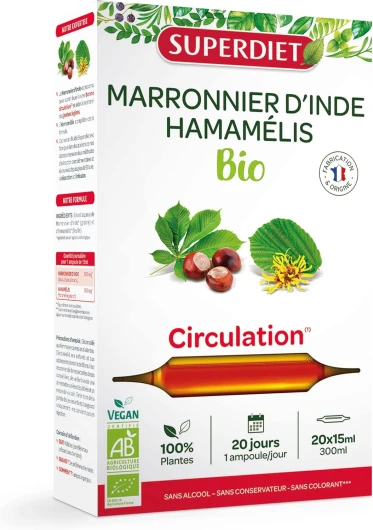 MARRONNIER D’INDE & HAMÉLIS BIO – Circulation – Phytothérapie – Fabrication Française – 20 ampoules de 15 ml