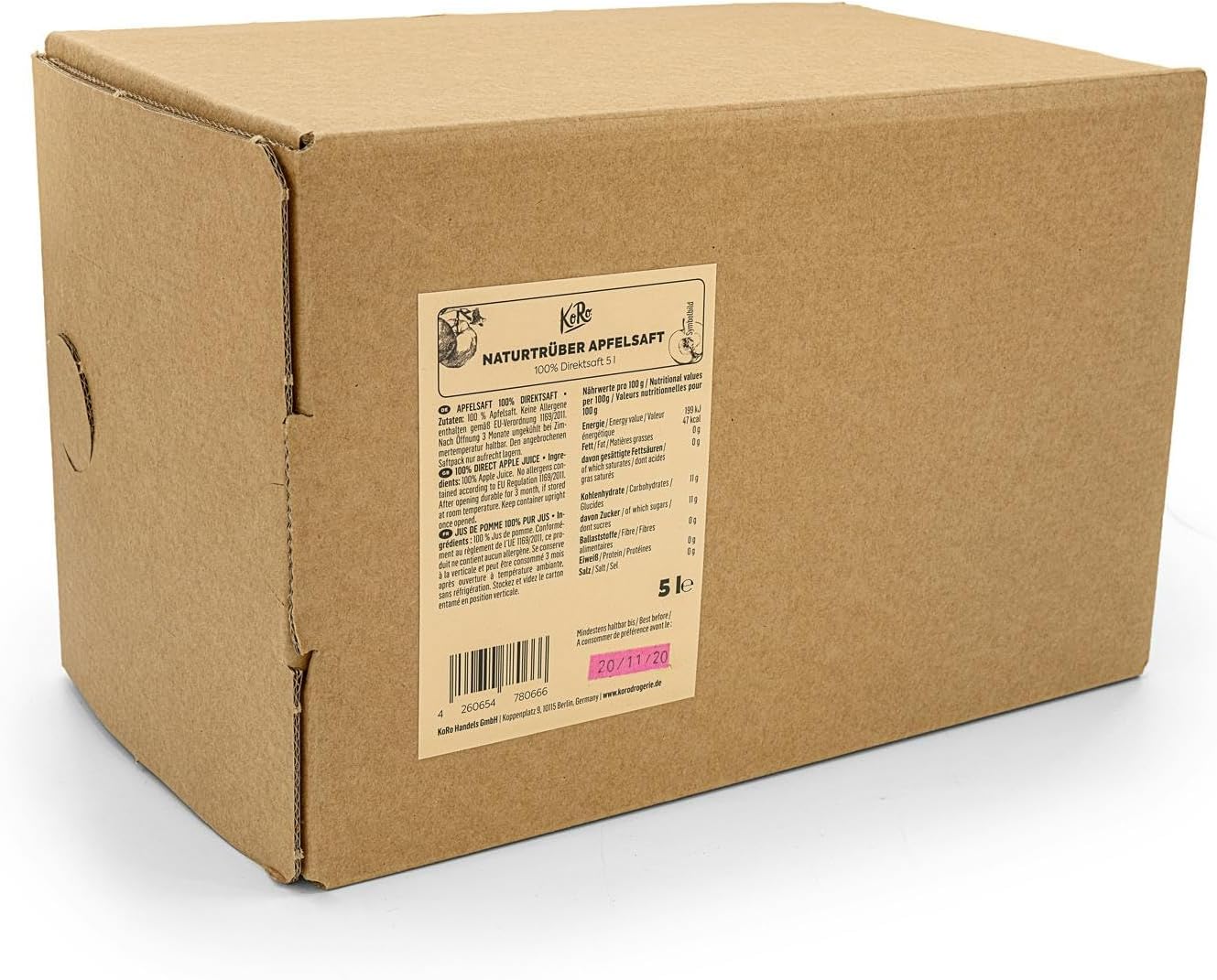 Jus de pomme naturellement trouble 5 l - Jus fruité à base de 100% de pommes sans additifs