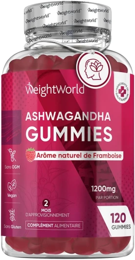Ashwagandha Gummies 1200mg/Jour - 120 Gummies Vegan Pour 2 Mois - 30:1 Extrait d'Ashwagandha - Ginseng Indien Puissant, Goût Framboise et Sans Gluten - Gommes à Mâcher Withania Somnifera Efficace