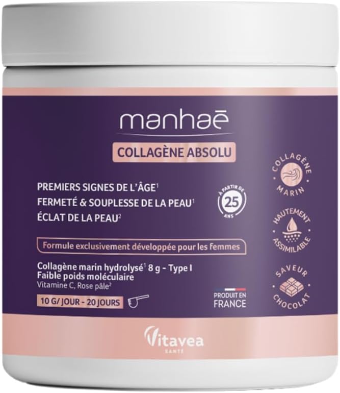 Manhaé Collagène Absolu - Complément Alimentaire - Peau Souple et Éclatante - Collagene Marin hydrolysé type I, Vitamine C, Rose Pâle - 200 grammes - Cure de 20 Jours - Fabriqué en France