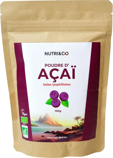 NUTRI & CO Açaï BIO en Poudre 100g - Naturellement Riche en Antioxydants, Vitamine C & Oméga 9 - Issue de l’Agriculture Durable et Équitable en Amazonie - Superaliment Lyophilisée Bio et Vegan