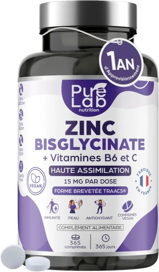 Zinc Bisglycinate + Vitamines B6 et C - Haute Absorption - Immunité, Antioxydant, Peau - Sans Lactose, Sans Gluten - Fabriqué en France - Cure 1 An, 365 Comprimés - Pure Lab Nutrition®