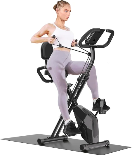 Vélo d'appartement pliable 4 en 1 magnétique avec écran LCD et capteur de fréquence cardiaque avec bandes de résistance pour entraînement à domicile