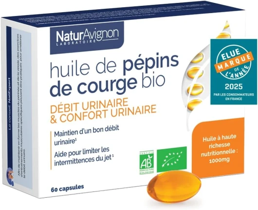 NaturAvignon Huile de Pépins de Courge BIO (graines de courge) - Confort urinaire, Prostate, Fuite urinaire homme - 1000mg huile de pepin de courge (graine de courge bio pumpkin seed oil) - 60capsules