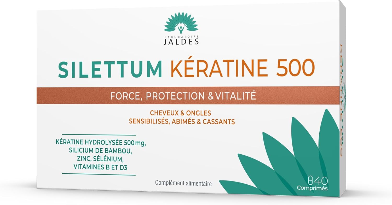 Silettum Kératine 500 Boîte de 40 Comprimés - Protège, Structure et Sublime votre Chevelure - Pour les Cheveux Sur-Sollicités et Agressés - Laboratoire Jaldes