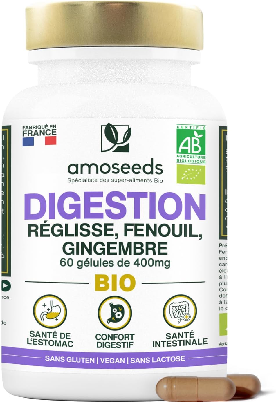Digestion BIO - Confort Digestif et Santé de l’Estomac - Réglisse, Fenouil, Gingembre - Améliore la Digestion, Réduit les Inconforts - 60 gélules de 400mg - Fabriqué en France - Qualité Supérieure
